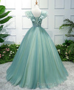 Green V Neck Tulle Long Prom Dress, Green Prom Dresses