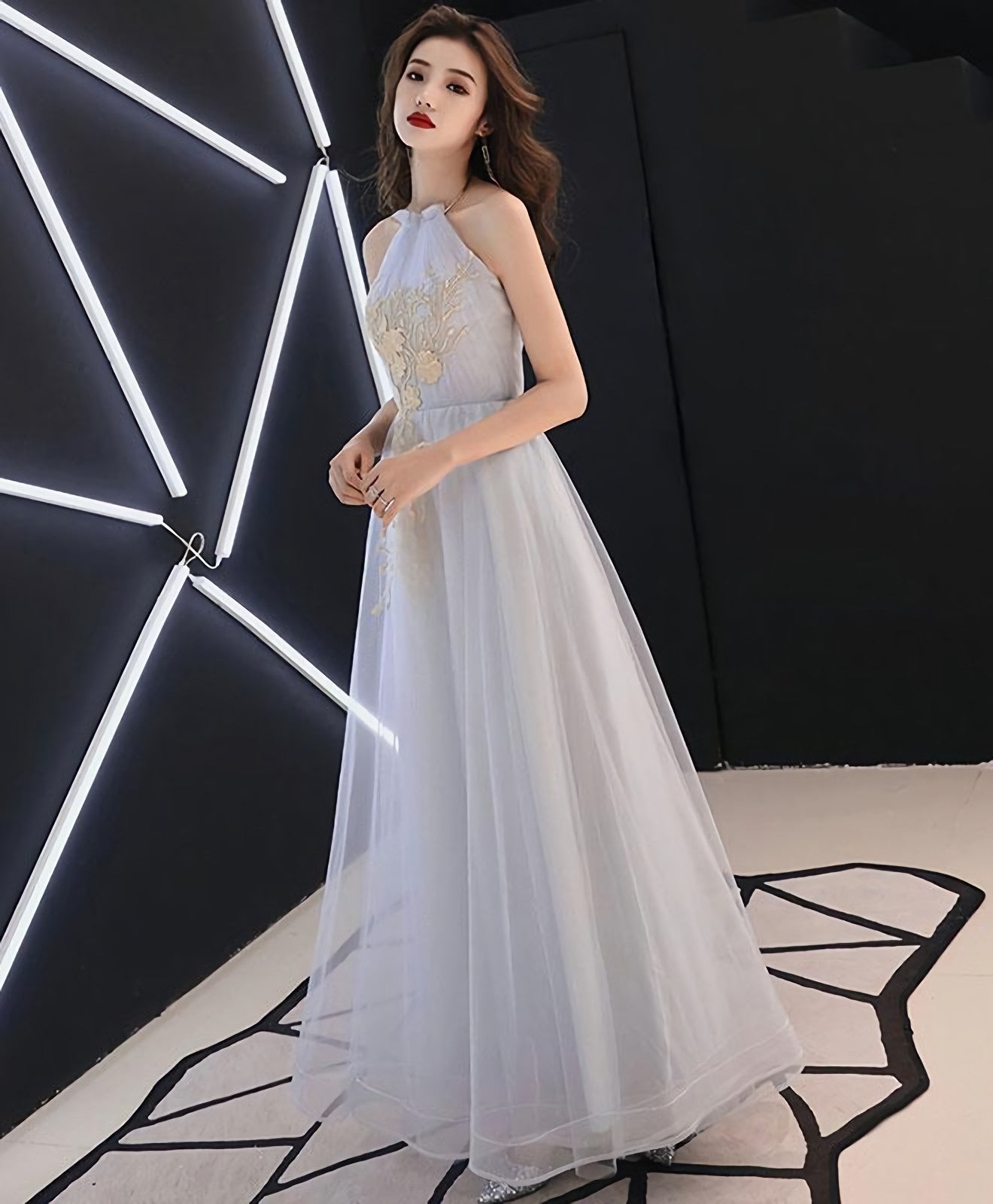 Gray Tulle Lace Long Prom Dress Gray Tulle Prom Dresses 4
