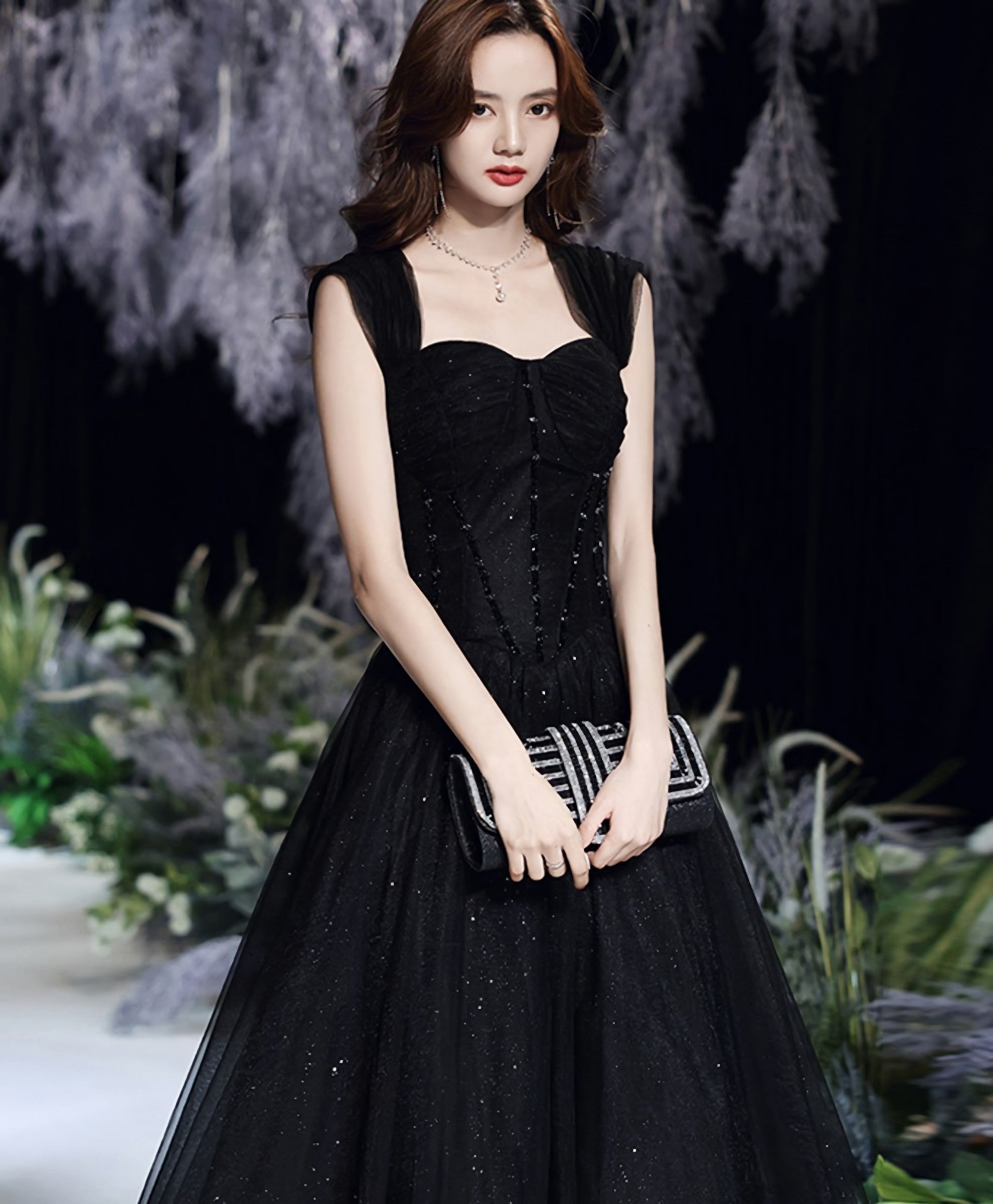 Black Tulle Lace Off Shoulder Long Prom Dress Black Prom Dresses