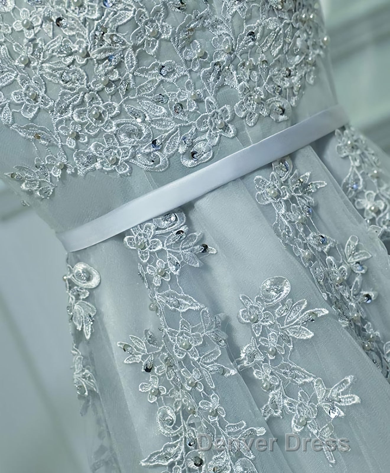 Gray A Line Lace Tulle Short Prom Dresses, Homecoming Dresses