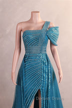 One Shoulder Beading Sweep Train Backless Prom Dresses