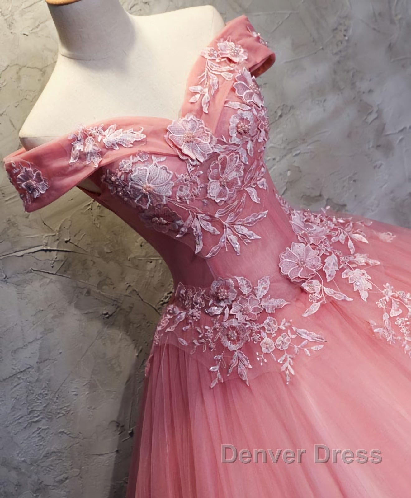 Pink Tulle Lace Off Shoulder Long Prom Dress, Pink Tulle Prom Dresses, 1