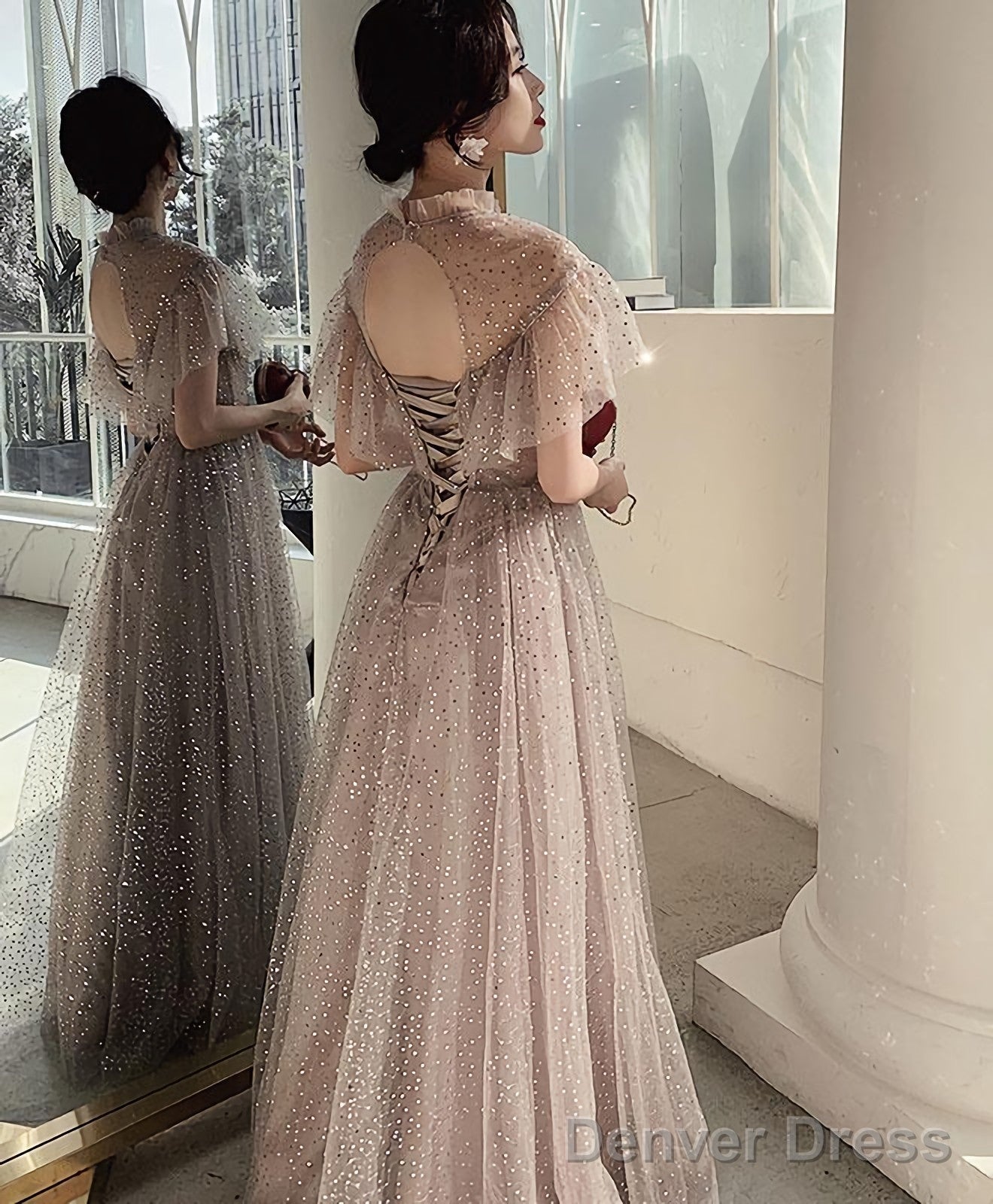 Champagne Tulle Sequin Long Prom Dress Tulle Formal Dress