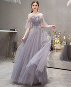 Blue Round Neck Tulle Sequin Long Prom Dress Blue Prom Dresses