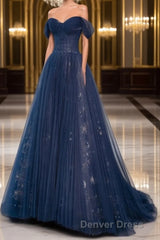 A-Line Off Shoulder Tulle Lace Dark Blue Long Prom Dresses, Dark Blue Long Evening Dresses