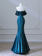 Enkel av skulder satin blekk blå lang promkjole, blekk blå lang formell kjole
