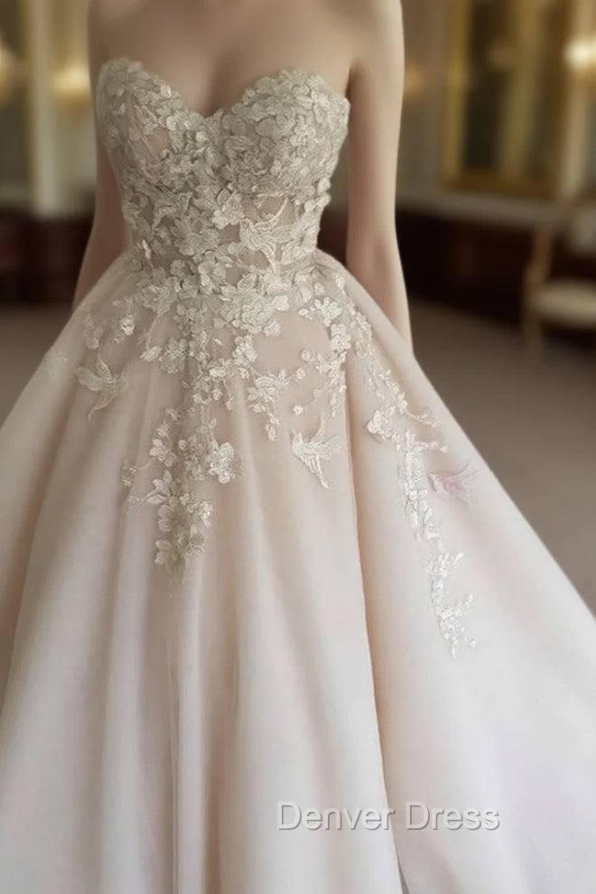 3D Floral Lace Flowers Sweetheart Wedding Ball Gown Dresses