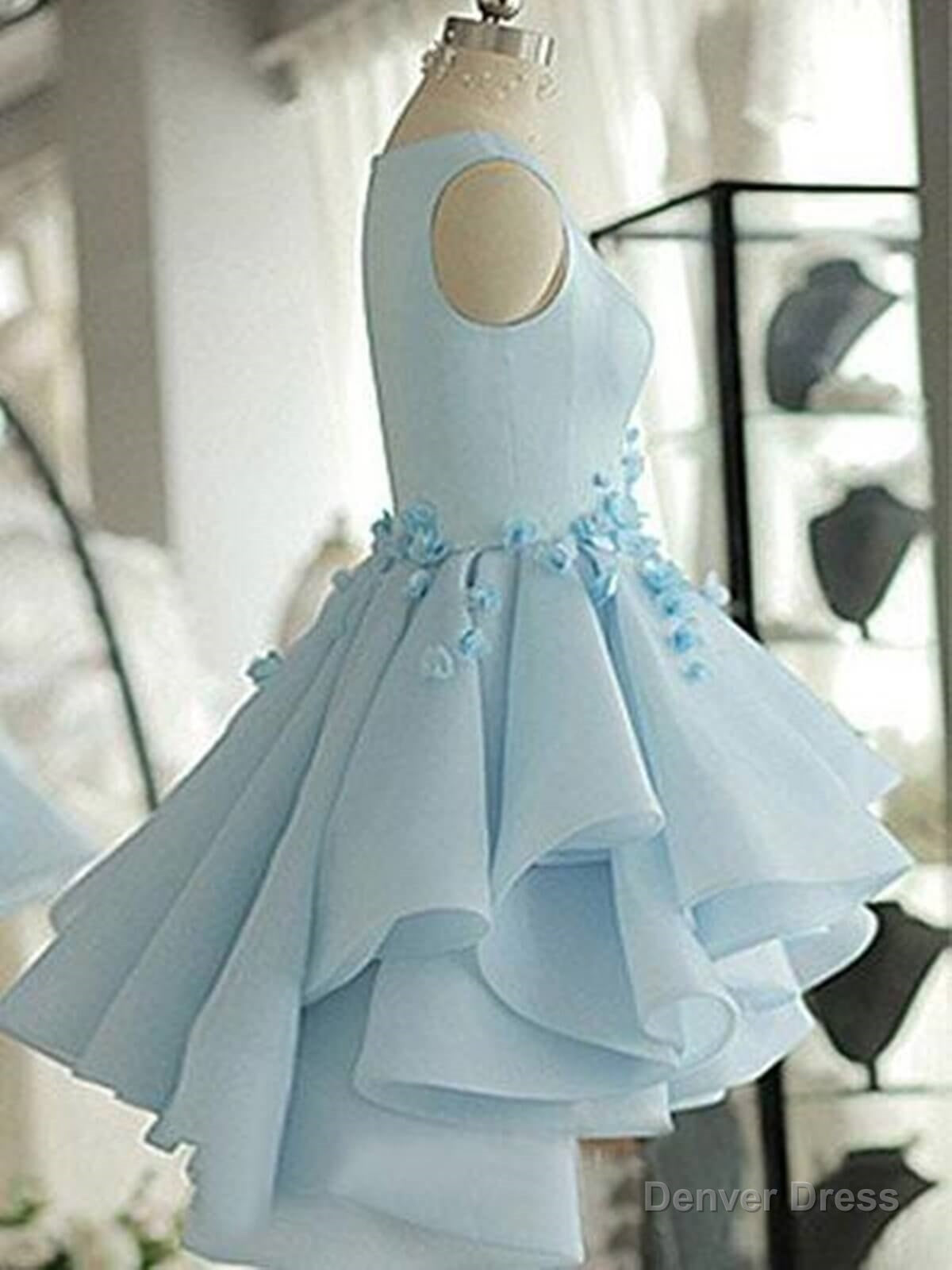 3D Flower Short Blue Prom Dress, 3D Floral Short Blue Graduation Homecoming Dresses