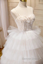 3D Flowers Spaghetti Straps Beading Ivory Tulle Wedding Dresses
