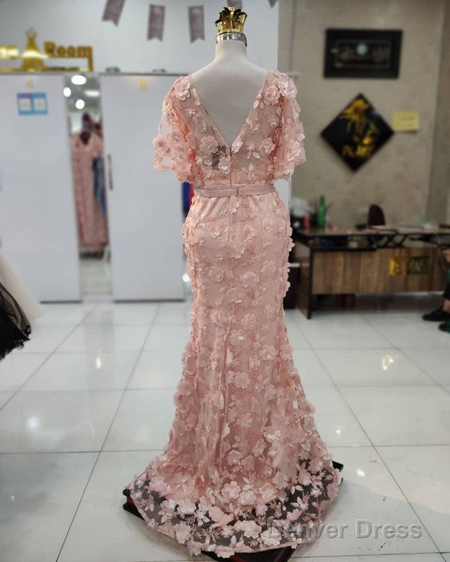 3D Lace Flowers Mermaid V Neck Puffy Sleeves Dresses