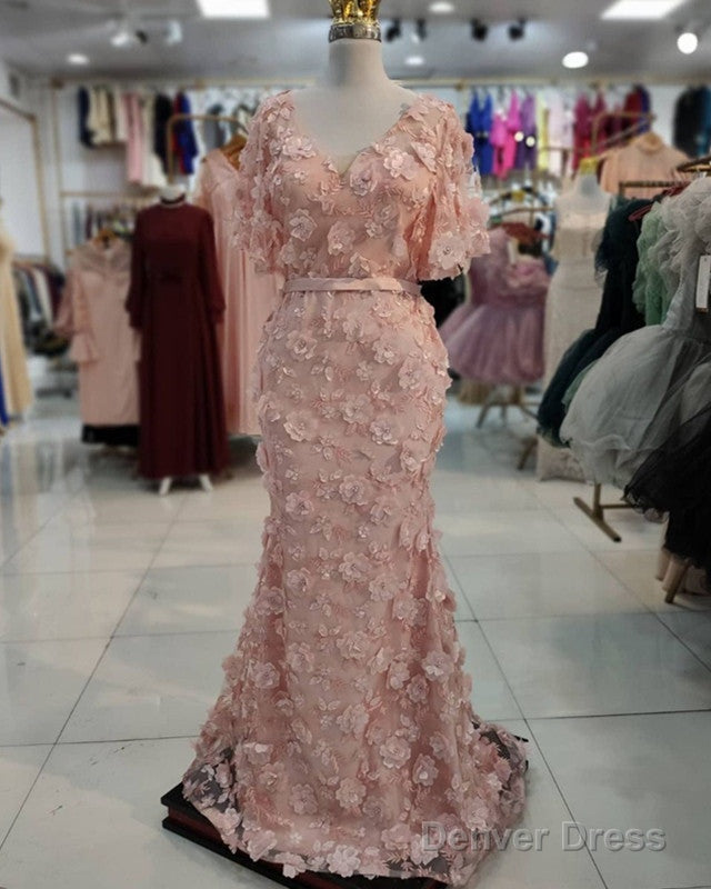 3D Lace Flowers Mermaid V Neck Puffy Sleeves Dresses Main image