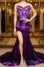 Purple Sleeveless Mermaid Prom Dresses with Split Appliques