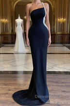 Black One Shoulder Pearl Beadings Mermaid Long Prom Dresses