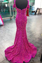 4 Fuchsia Sequin Prom Dress Cold-Shoulder Mermaid Prom Dresses Long