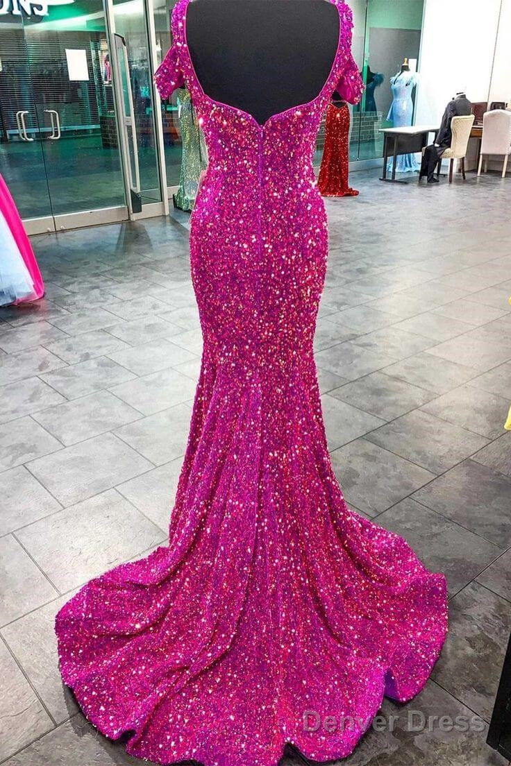 4 Fuchsia Sequin Prom Dress Cold-Shoulder Mermaid Prom Dresses Long