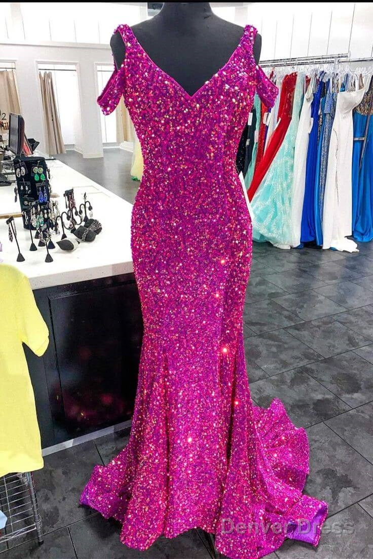 4 Fuchsia Sequin Prom Dress Cold-Shoulder Mermaid Prom Dresses Long Main image