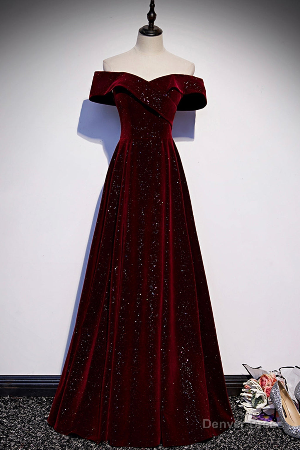 Burgundy Velvet Long Prom Dress, Off the Shoulder Prom Dresses
