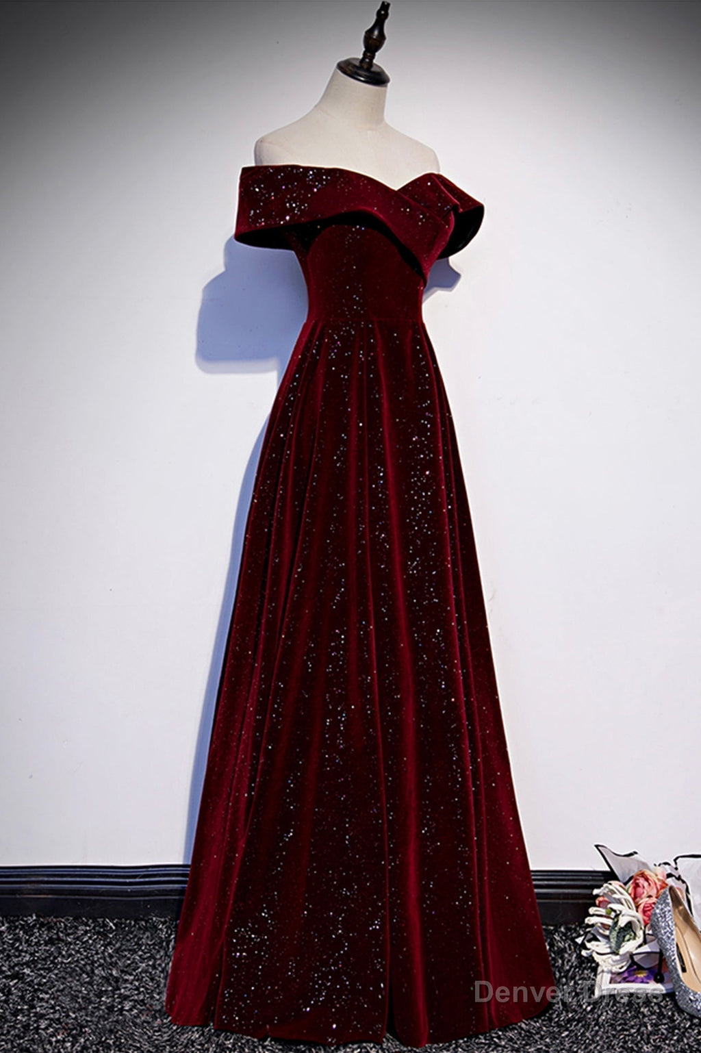 Burgundy Velvet Long Prom Dress, Off the Shoulder Prom Dresses