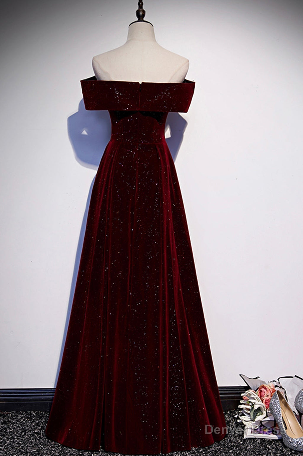 Burgundy Velvet Long Prom Dress, Off the Shoulder Prom Dresses