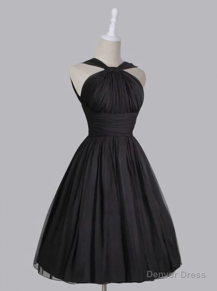 Vintage A Line Straps Knee Length Chiffon Sash Backless Black Prom Homecoming Dresses Secondary image