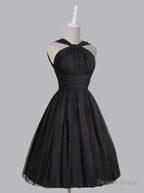 Vintage A Line Straps Knee Length Chiffon Sash Backless Black Prom Homecoming Dresses