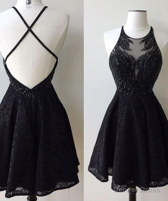 A-Line Jewel Backless Short Black Lace Homecoming Dress 2025 with Beading Main image