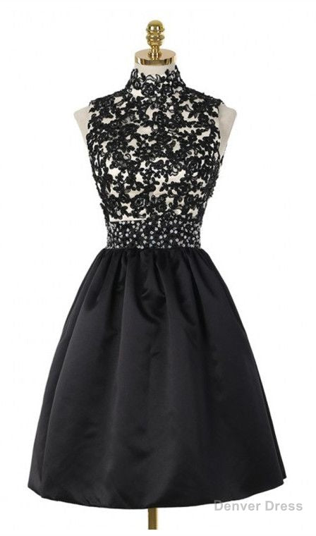 A-Line High Neck Open Back Above-Knee Black Homecoming Dress 2025 with Lace Sequins