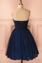 Strapless Short Navy Blue Tulle Homecoming Dresses