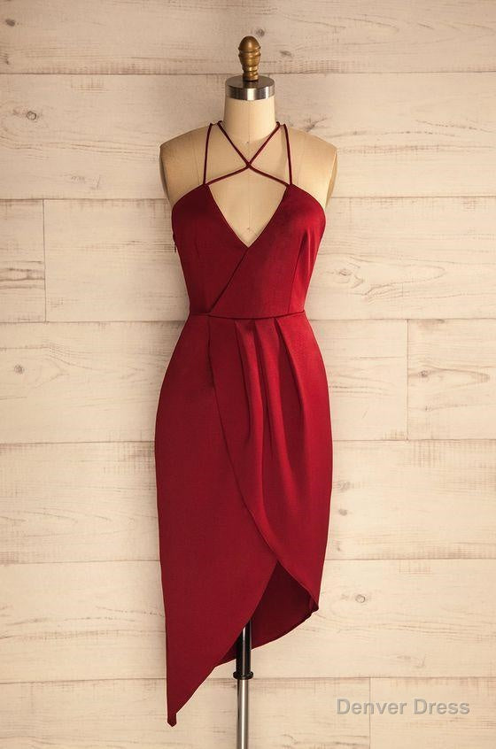 Sheath Halter Asymmetrical Dark Red Satin Homecoming Dresses Main image