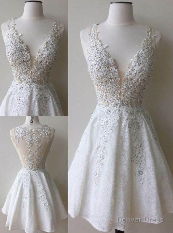 A Line Deep V Neck White Lace Short Homecoming Dresses with Appliques Beading
