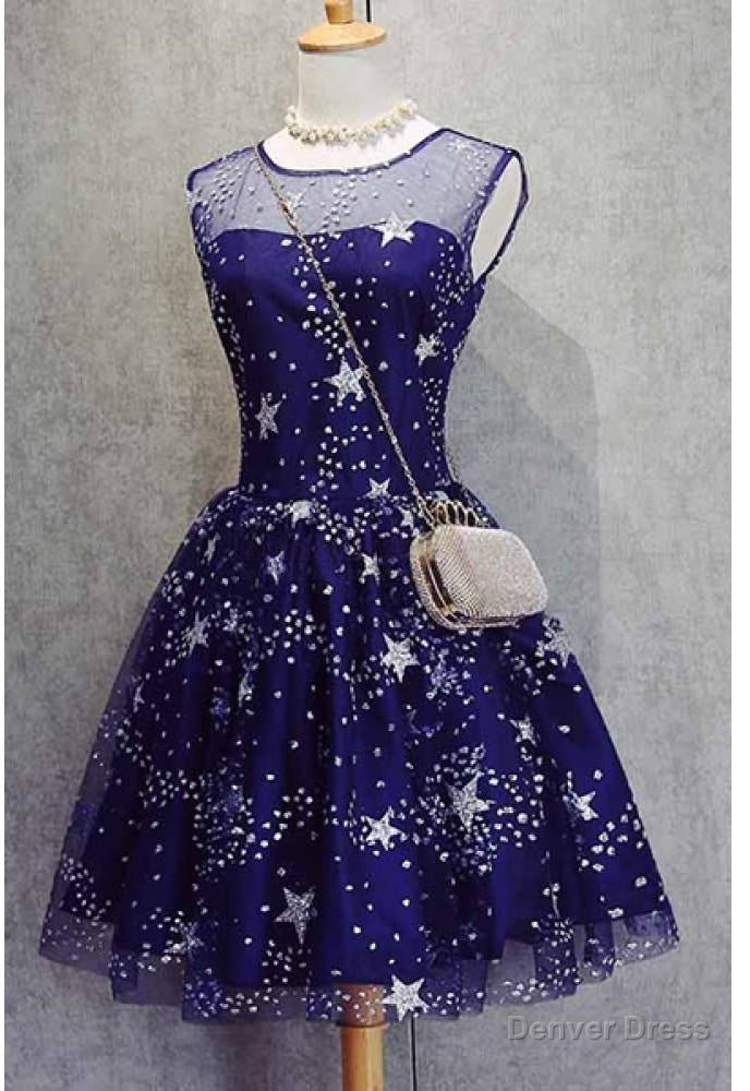 A Line Scoop Royal Blue Tulle Short Homecoming Dresses 2026 with Appliques
