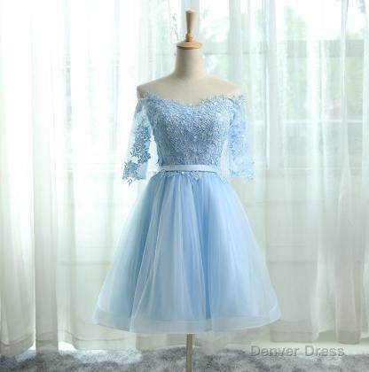 A-Line Off the Shoulder Half Sleeves Light Blue Tulle Homecoming Dress 2025 with Appliques