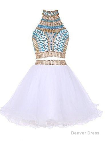 Two Piece High Neck White Tulle Short Homecoming Dresses 2026 with Beading Rhinestone Main image