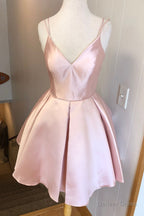 V Neck Straps Short Pink Homecoming Dresses