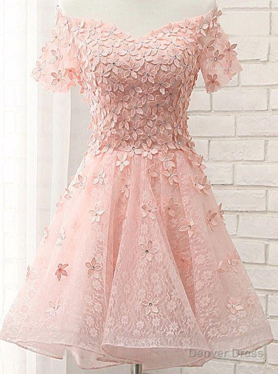 Princess A Line Off The Shoulder Appliques Short Coral Lace Homecoming Prom Dresses Main image