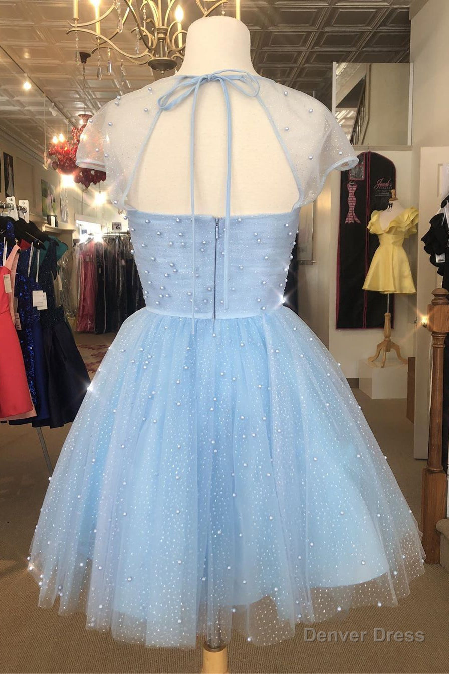 Sparkle Beaded Cap Sleeves Light Sky Blue Homecoming Dresses Secondary image