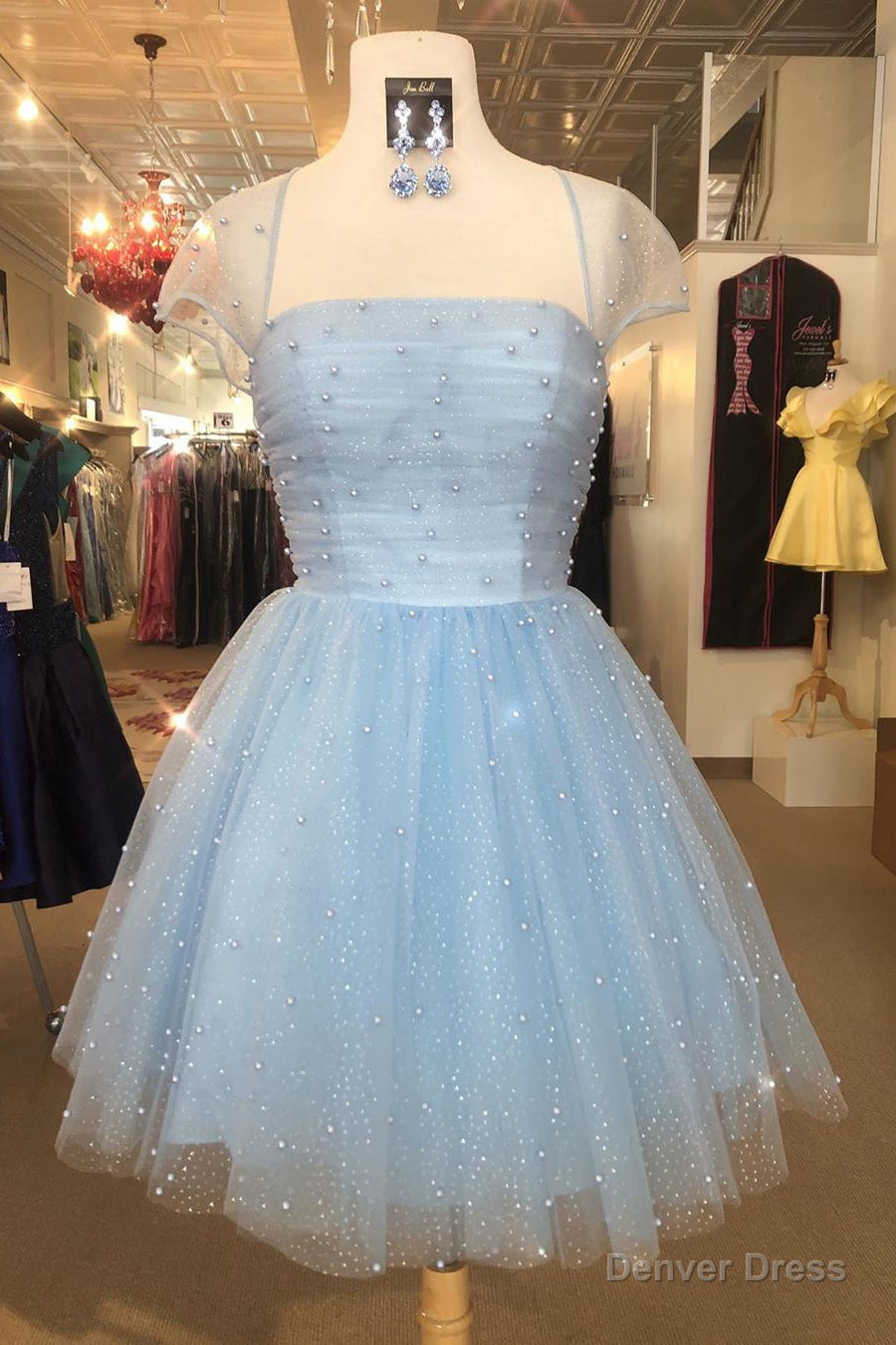 Sparkle Beaded Cap Sleeves Light Sky Blue Homecoming Dress Main image