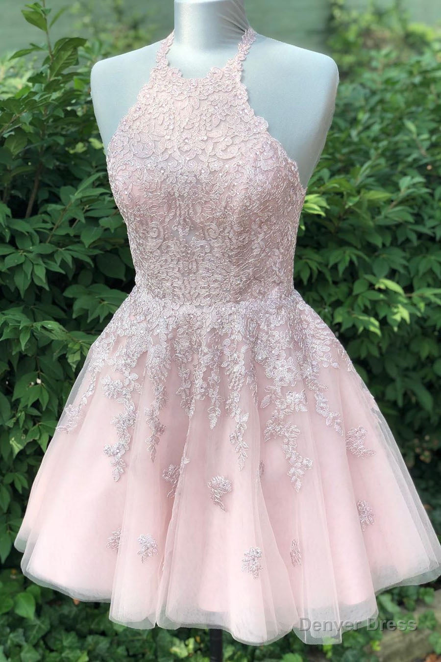 Halter Lace Appliques Pink Homecoming Dress with Lace-Up Back Main image