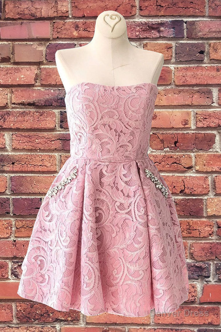 Strapless Lace Pink Homecoming Dresses with Pockets Main image
