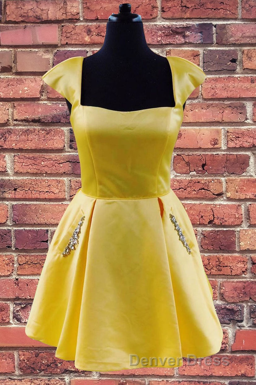 Cap Sleeves Short Yellow Homecoming Dresses with Lace Up Back Secondary image