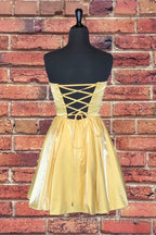 Strapless Lace Up Yellow Satin Homecoming Dresses