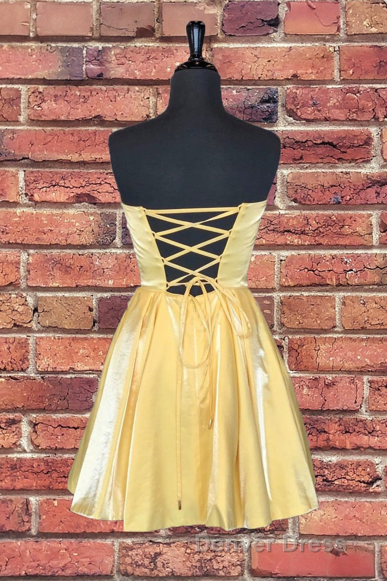 Strapless Lace Up Yellow Satin Homecoming Dresses