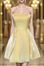 Strapless Lace Up Yellow Satin Homecoming Dresses