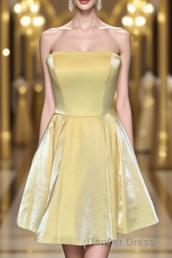 Strapless Lace Up Yellow Satin Homecoming Dresses