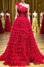 Red One Shoulder Corset Tiered Long Prom Dresses with Ruffles