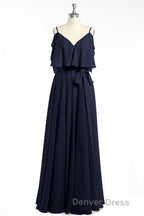 Black Chiffon V Neck Ruffled A Line Long Bridesmaid Dresses