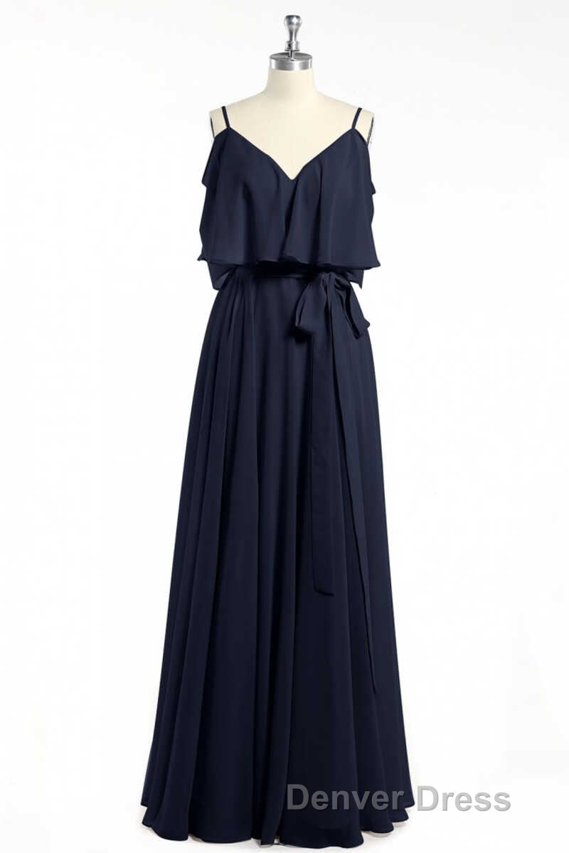 Black Chiffon V Neck Ruffled A Line Long Bridesmaid Dresses
