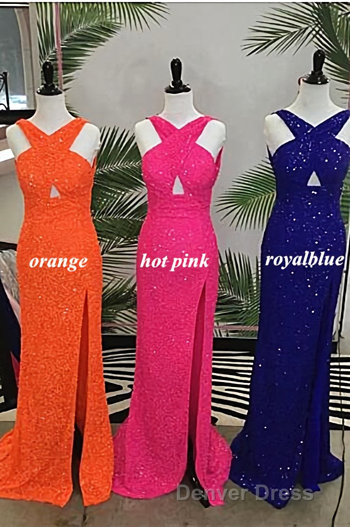 Fitted Criss Coss Neck Orange Prom Dresses with Slit
