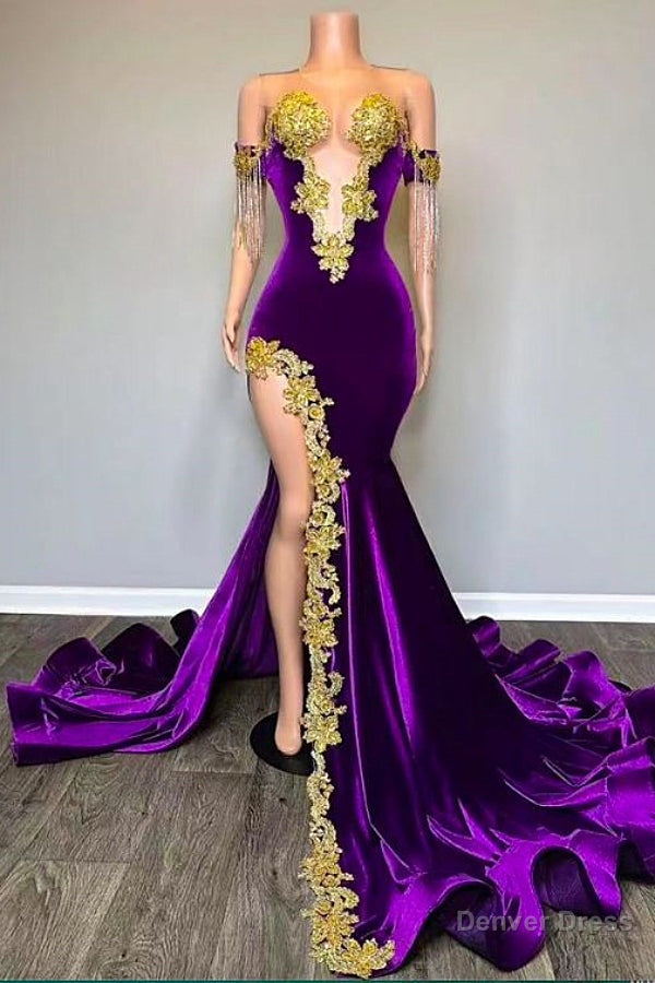 Off the shoulder V Neck Gold Appliques Mermaid Velvert Prom Dresses