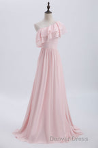 Ruffles Pink One Shoulder Chiffon A Line Long Bridesmaid Dresses